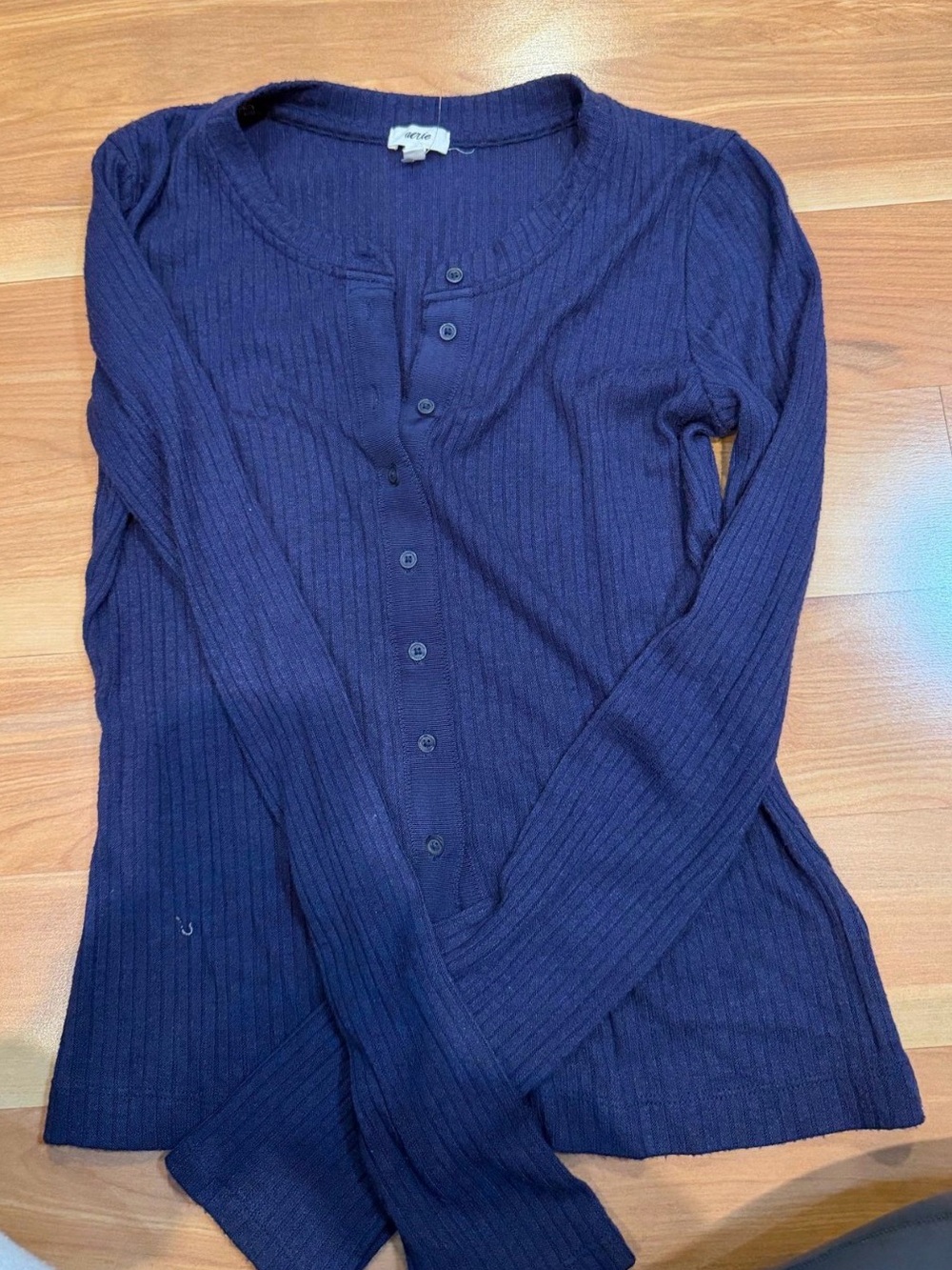 aerie Navy Ribbed Button-Up Long Sleeve Top